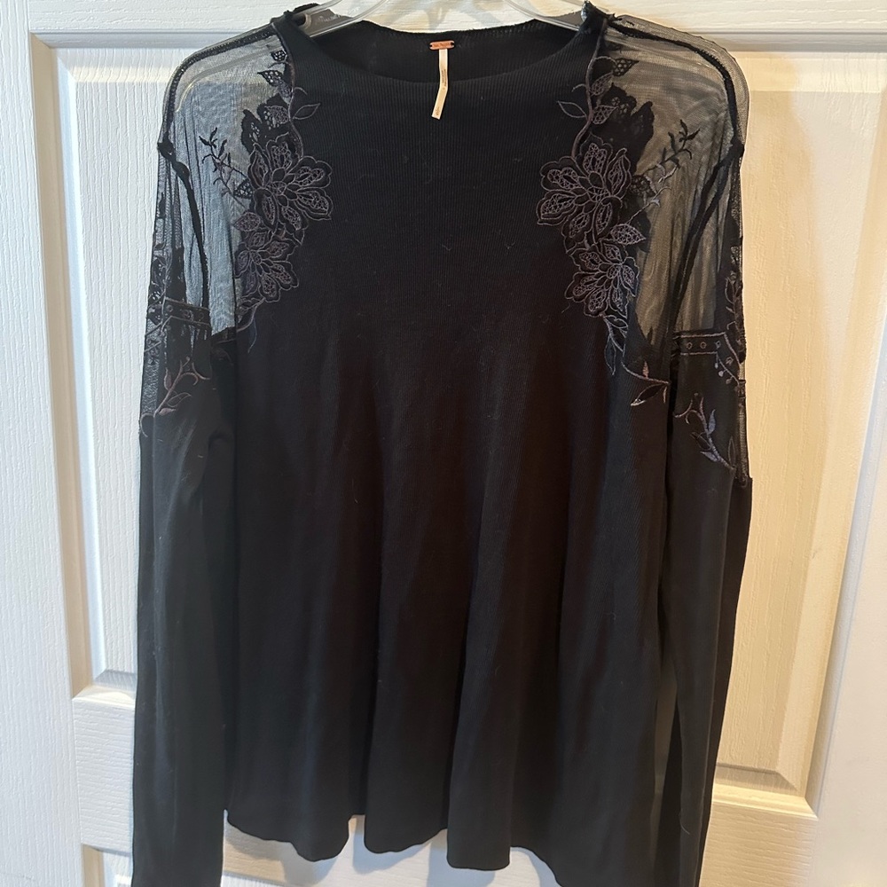 Free People Black Lace Floral Blouse